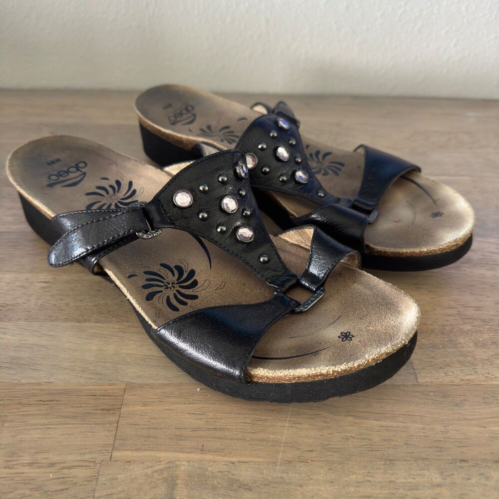 Abeo Womens Sandals Size 9 Black Leather Slides Adjustable Straps Studs 9733